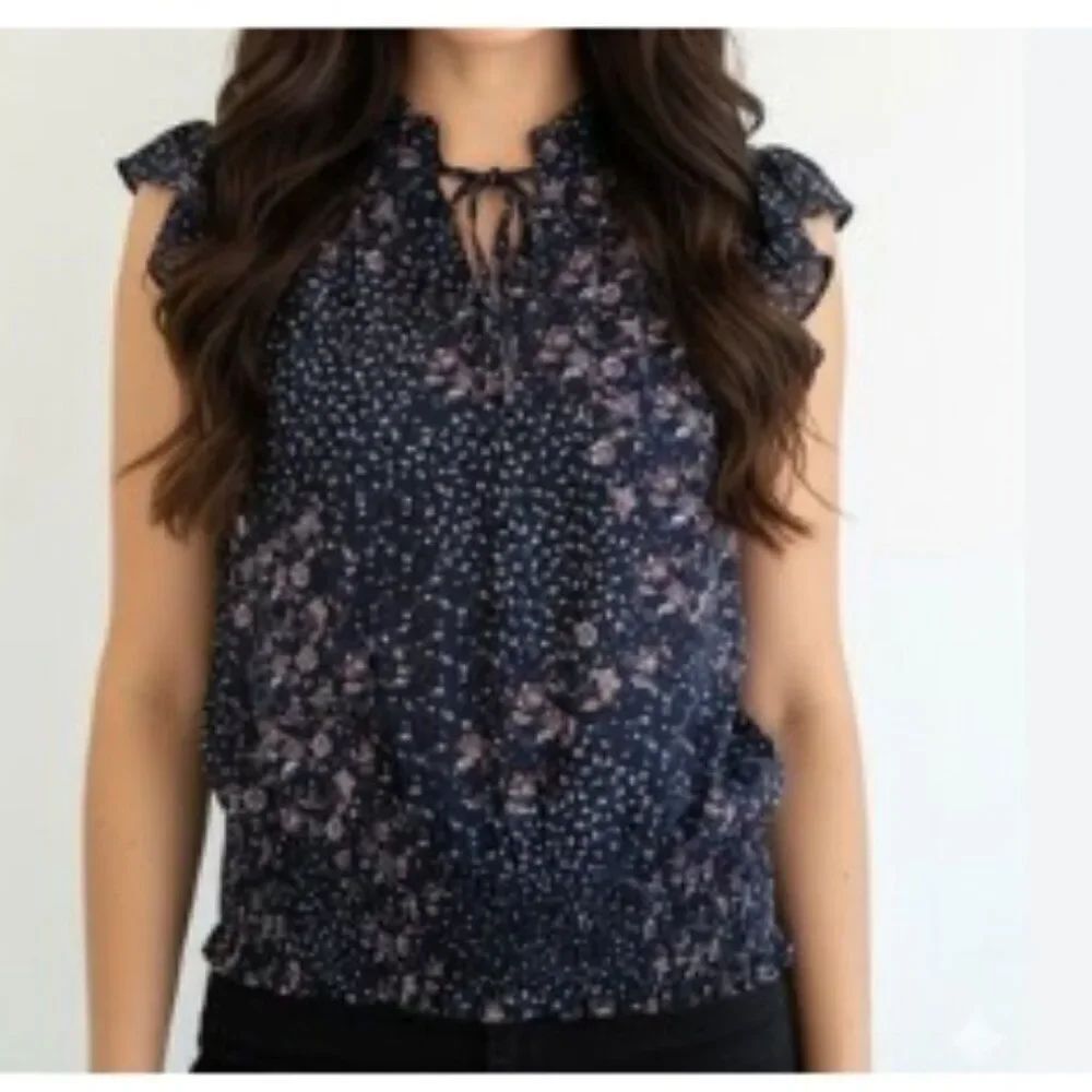 Like New! Joie Floral Navy Blouse Smoked Waist in Size M